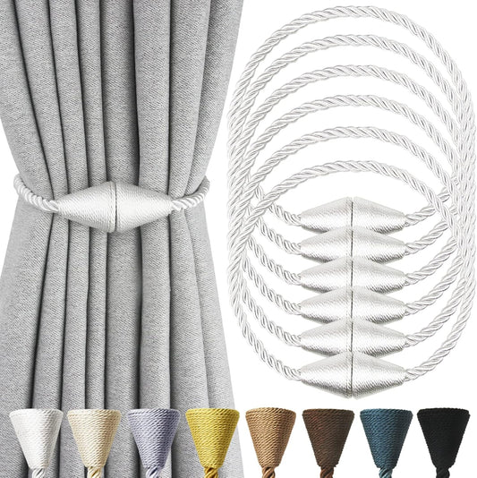 6 Pack Magnetic Curtain Tiebacks Rope Modern Handmade Curtain Tie Backs Decorative Drapes Weave Holdbacks for Window Décor, Silver