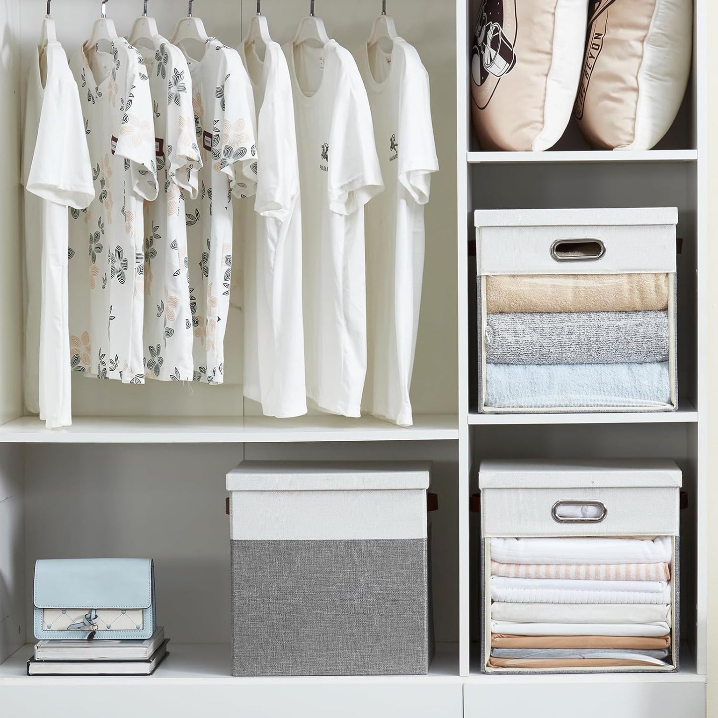 Fabric Storage Cubes with Clear Windows and Lids, 13'' Foldable Storage Bins with 3 Handles, Decorative Storage Boxes for Home, Bedroom, Closet, Office (Gray & White)