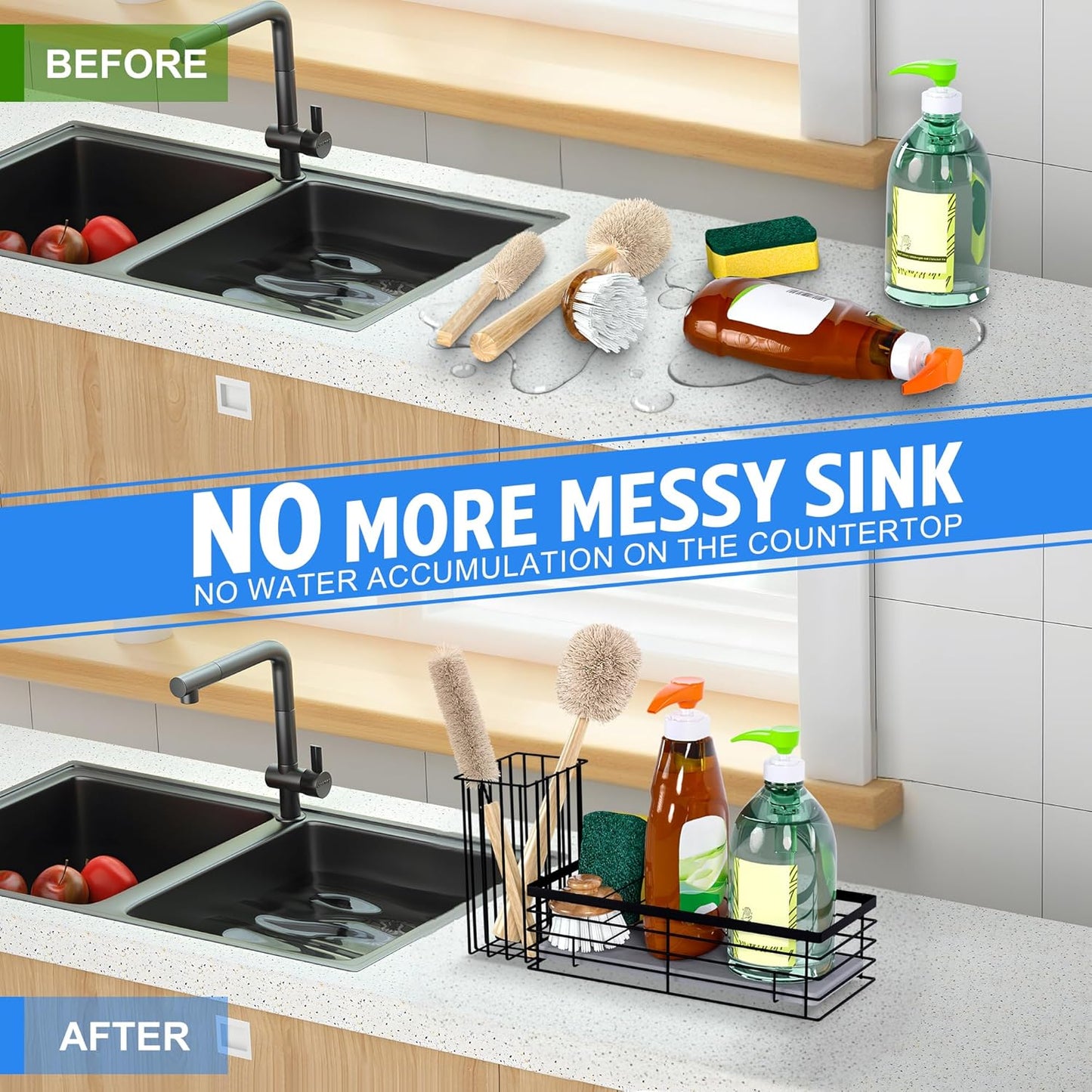 Sponge Holder for Kitchen Sink with Instant Drying Stone, Sponge Caddy, Stainless Steel Sink Caddy Organizer with Brush Holder, Dish Soap Dispenser, Kitchen Sink Accessories & Storage Rack