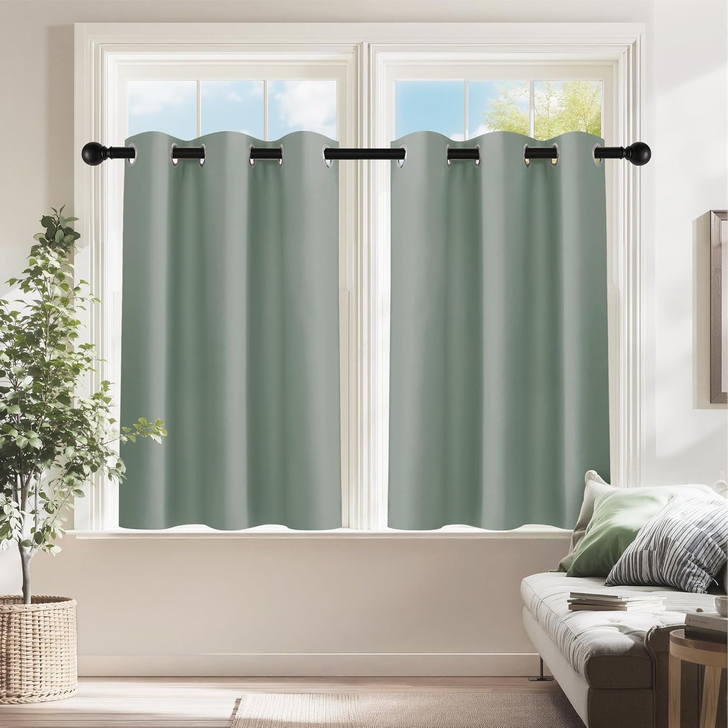 PONY DANCE Sage Green Small Curtains for Bathroom, Black Out Thermal Insulated Short Window Drapes Grommet Room Darkening Half Window Curtains for Cabinet Dorm Loft(2 Panels, W 34 x L 36 inches)