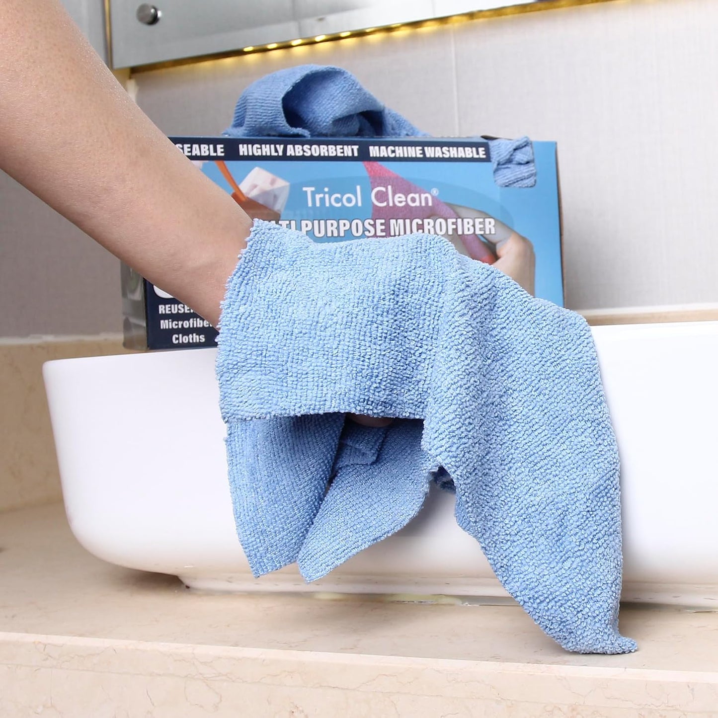 Tricol Clean Profesional Resuable Lint Free Microfiber Edgeless Cleaning Cloth 50PK Cleaning Rags,Absorbent Microfiber Wipes in Dispenser Box for Housekeeping, Car Cleaning (12 * 12 Inches) (blue1)