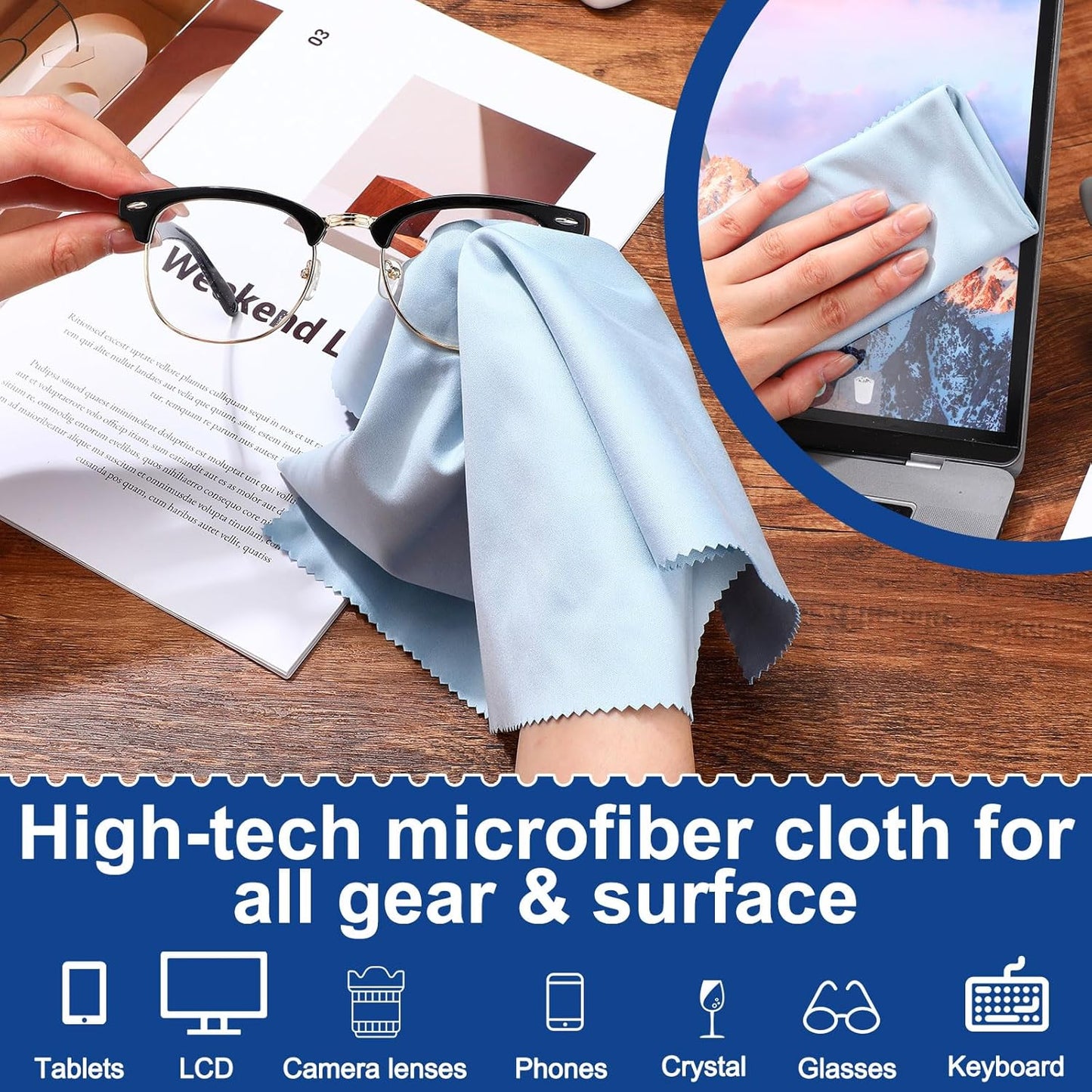 Frienda 12 Pack Large Microfiber Glass Cleaning Cloths 12 x 12 Inch Oversized Eyeglass Sunglasses Cleaning Cloths for Electronics Glasses Screens and Lenses(Blue)