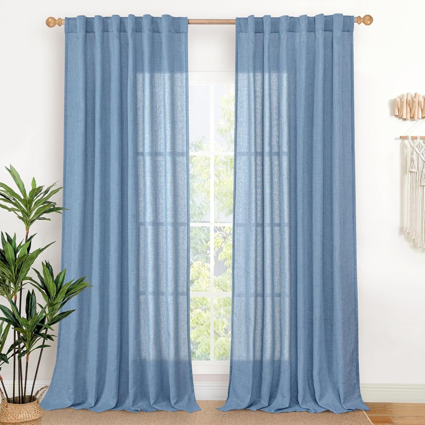 YoungsTex Denim Blue Linen Semi Sheer Curtains 84 Inches Long for Living Room 2 Panels, Light Filtering Drapes with Rod Pocket Back Tab Privacy for Bedroom Dining Room Office, 52 x 84 Inch