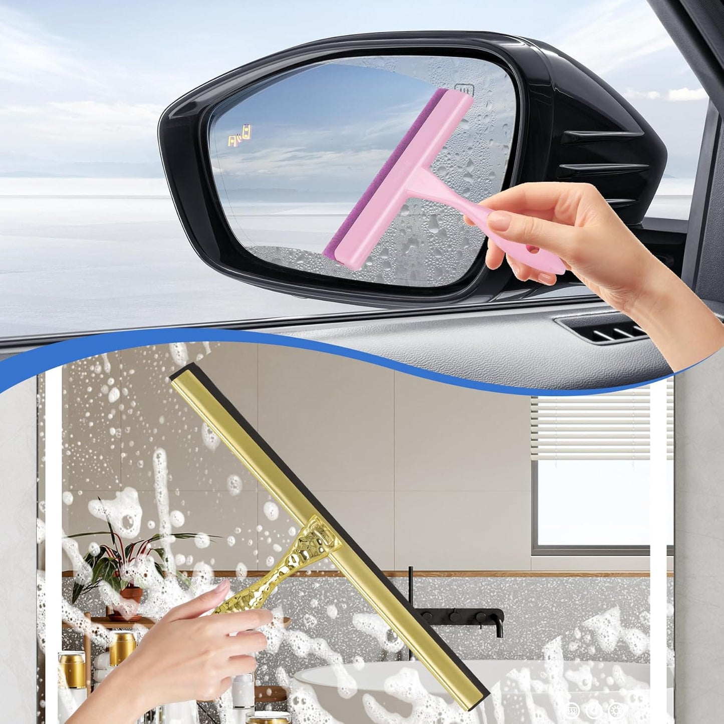 2-Pack Shower Squeegee for Glass Doors, 12 inch Gold Stainless Steel & 5 inch Pink Mini with 2 Gold Hooks, Non-Slip Hammered Handle, Silicone Wiper for Shower, Bathroom, Tile and Mirror