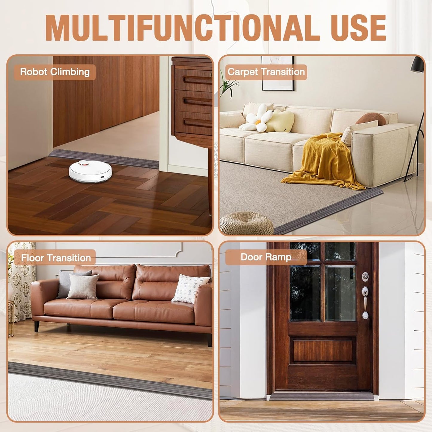 Floor Transition Strip Self Adhesive Vinyl Door Threshold for Doorways Carpet Edging Trim Overlap Edge Reducer for Laminate Floor, Carpet, Tile (Grayish Brown Wood Grain, 1/5" to 2/5", 3.3Ft)