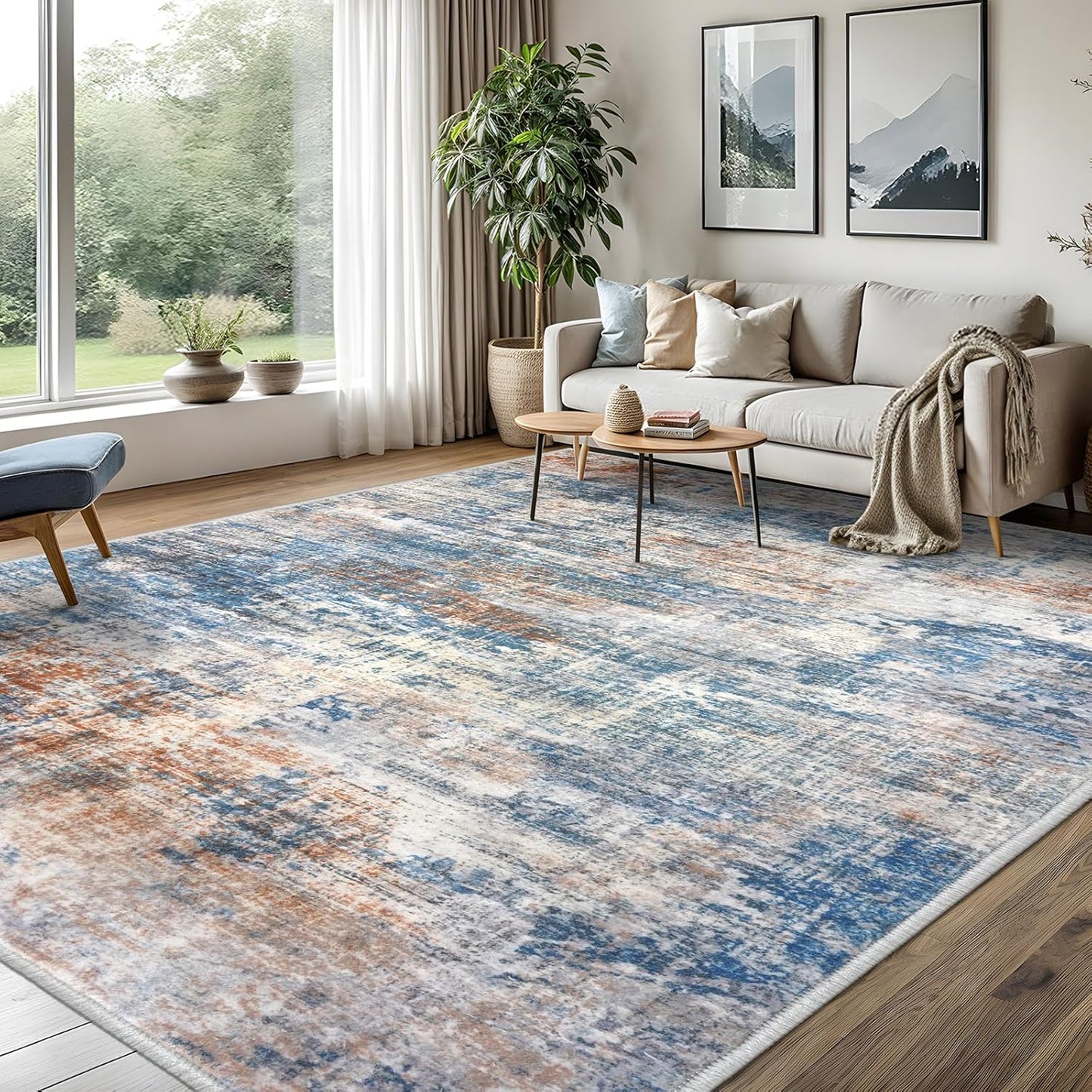 IOHOUZE Abstract Area Rugs 8x10 Ft Washable Large Rugs for Living Room, Non Slip Dining Room Rug, Printed Faux Wool Rugs for Bedroom, Floor Carpet for Office Nursery Playroom, Blue Rust