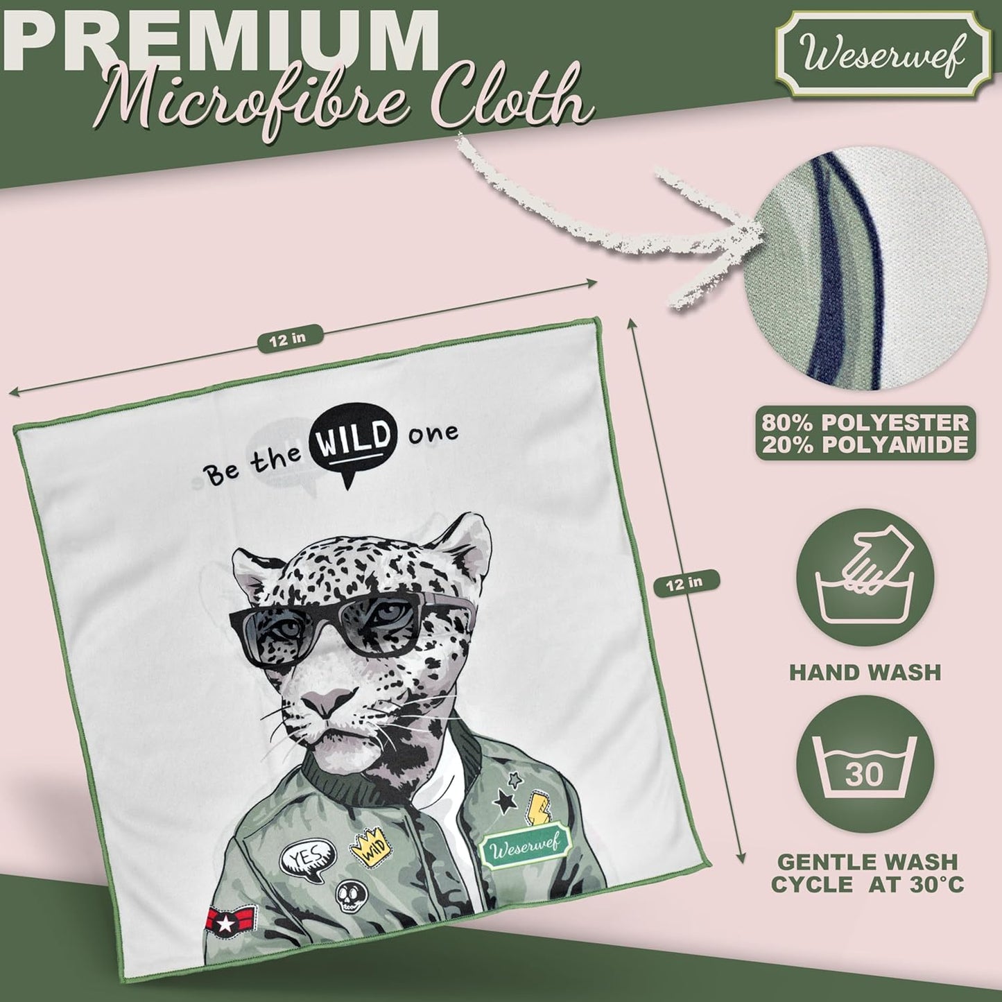 WESERWEF Design Microfiber Glasses Cleaning Cloth – Premium Cleaning Cloth for Eyeglasses, Screens, Tablets, Cameras & Lenses, 12" x 12", Ultra-Soft & Scratch-Free (Wild one)