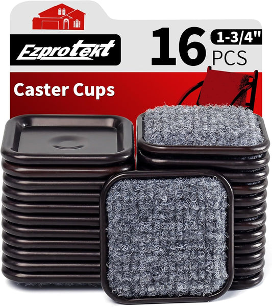 Ezprotekt 1 3/4" Square Reusable Felt Furniture Caster Cups with Carpet Bottom, 16 Pcs Felt Furniture Sliders Floor Protectors Pads to Protect Hardwood, Tile Floors Carpet from Scratches (Brown/Gray)