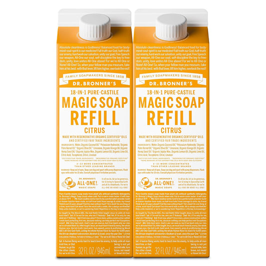 Dr. Bronner's Magic Soap-Pure-Castile Liquid Refill (Citrus, 32 ounce, 2-Pack) - Made with Regenerative Organic Certified Oils, For Body, Hair, Laundry, Pets & Dishes - Concentrated, Vegan, Non-GMO