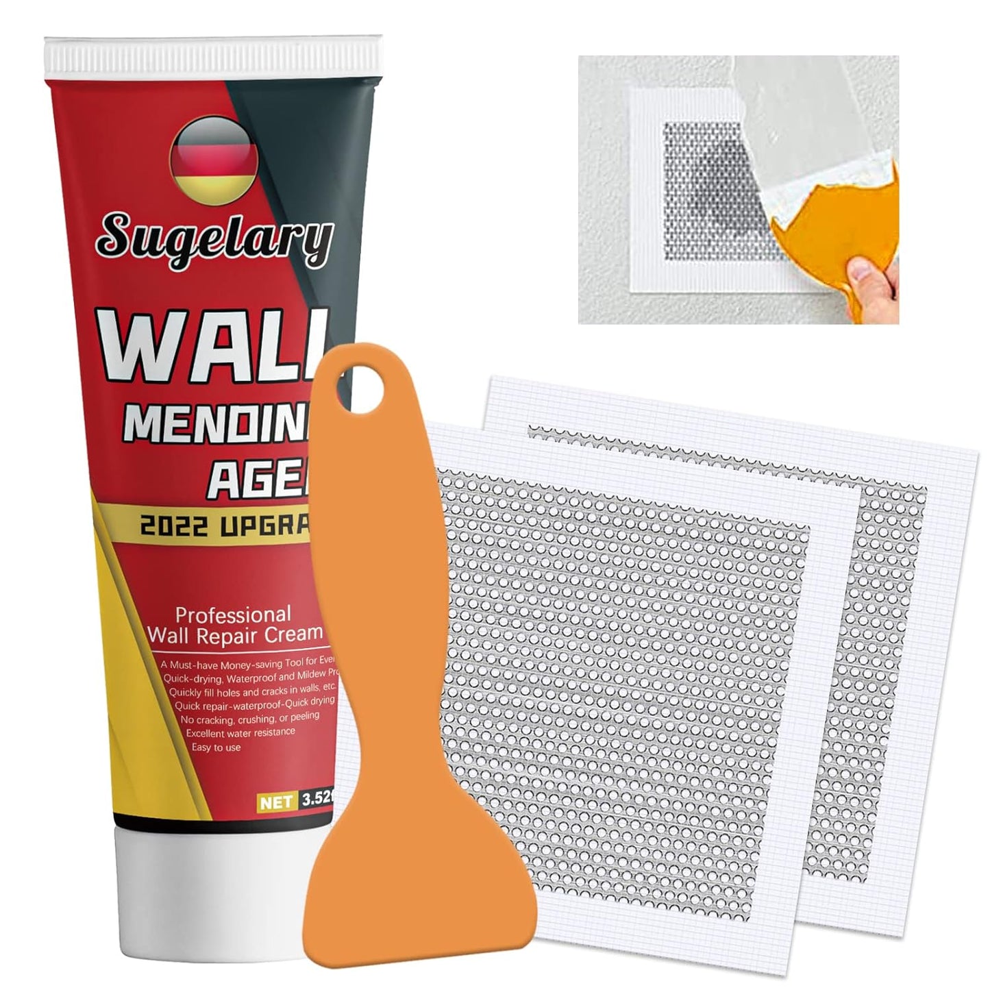 Drywall Patch Repair Kit with Scraper, White Wall Mending Agent with 2 Pcs Aluminum Drywall(2 inches), Plaster Dent Repair and Wood Scratch Repair
