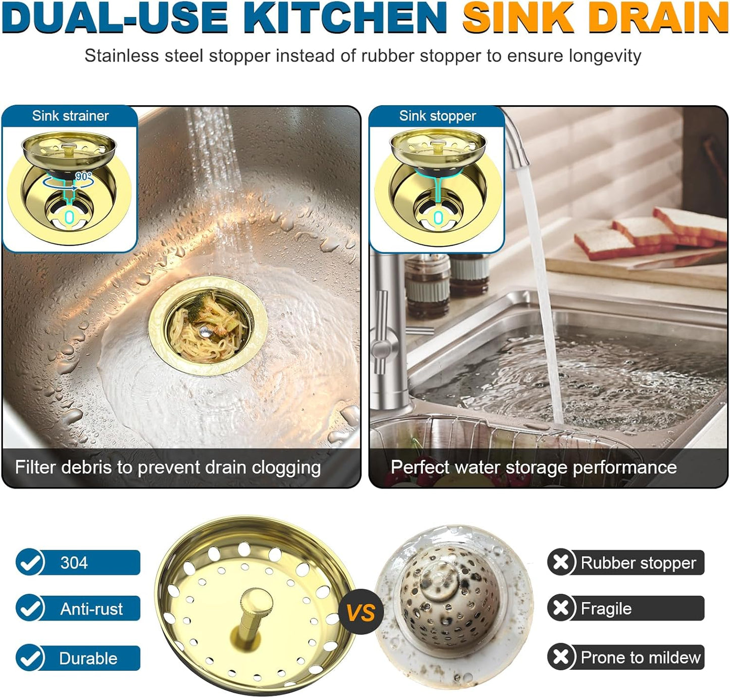 BOTEMY Stainless Steel Gold Sink Drain Strainer Kit 3-1/2 inch Kitchen Drain Assembly with Metal Center Knob Basket Stopper Replacement for Standard Kitchen Sinks