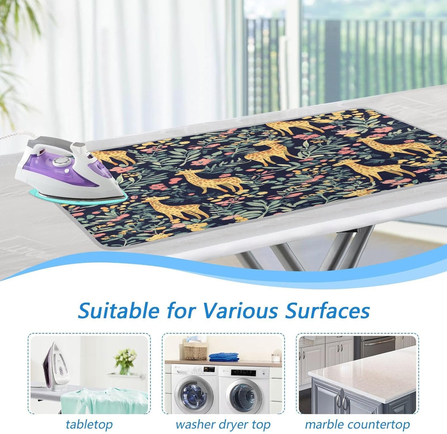 Giraffe Flowers Leaves Green Ironing Mat Thickened Ironing Blanket Travel Portable Double-Side Using Ironing Pad Travel Isolate Heat Pad Cover for Washer Dryer Table Top Countertop 27.6x47.2in