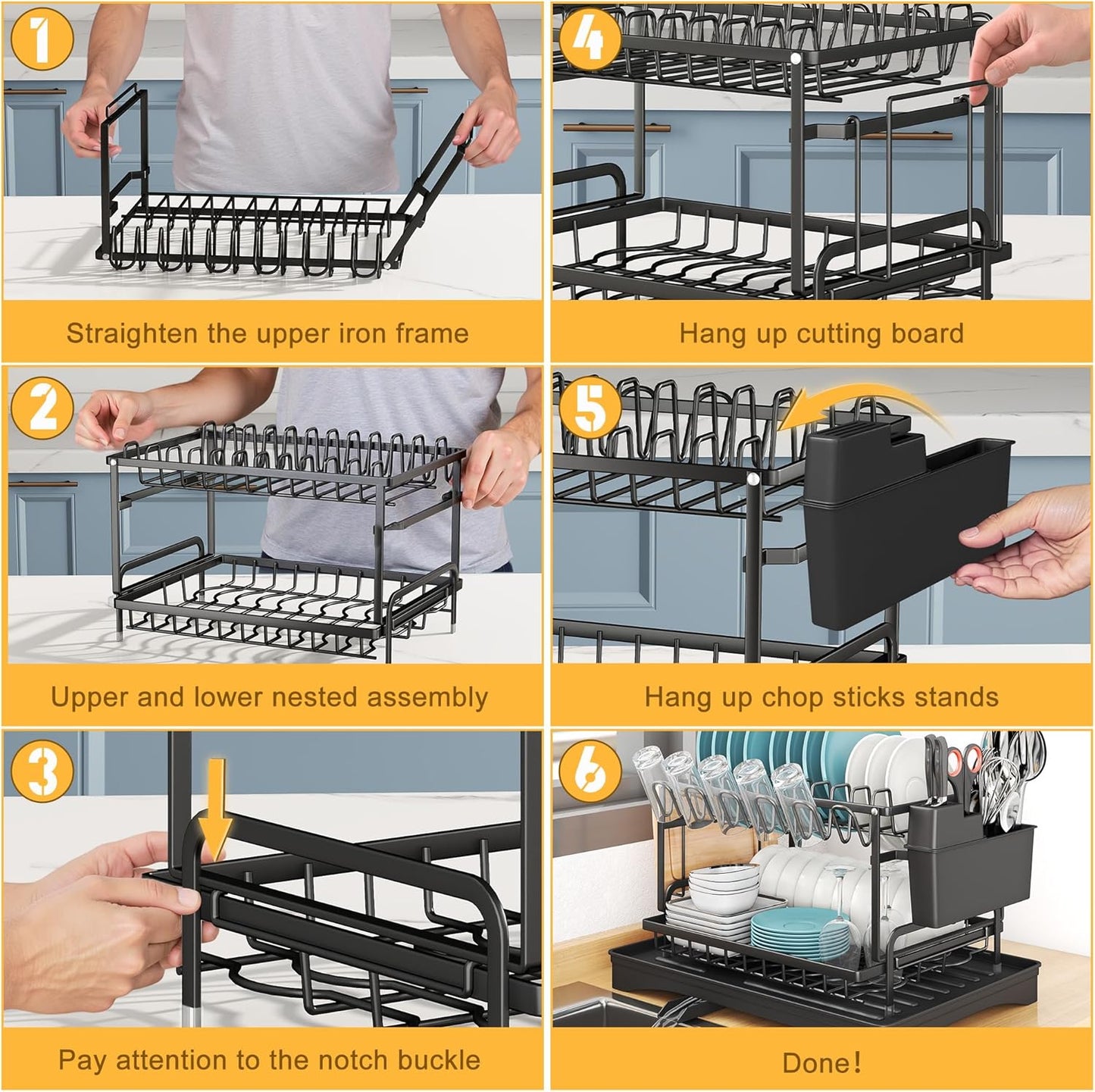 Dish Drying Rack Carbon Steel Dish Rack for Kitchen Counter, 2-Tier Kitchen Organizers and Storage Rack with Drainboard and Cutlery Holder, Large