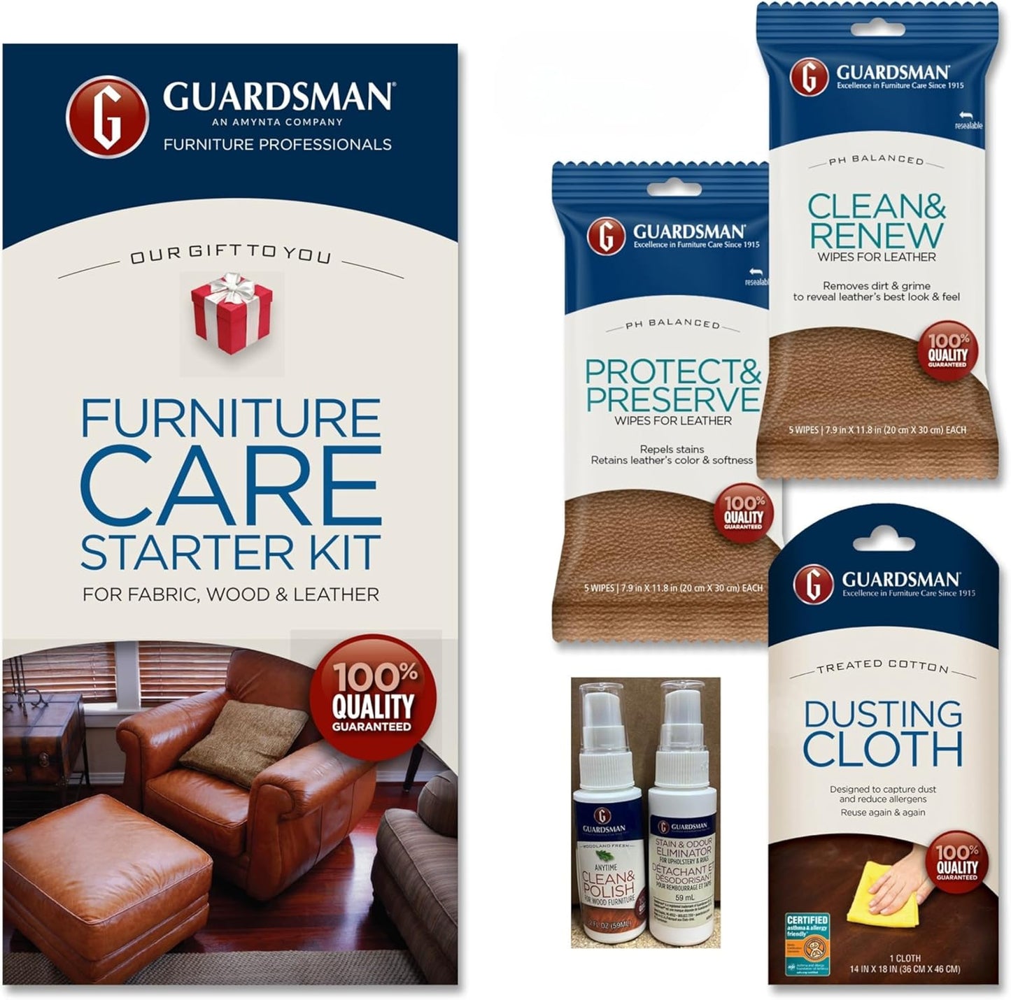 Guardsman Furniture Care Kit; Leather Conditioner, Polishing Cleaner; Includes 5 Clean & Renew Wipes, 5 Protect & Preserve Wipes; 1 Dusting Cloth; 1 Clean & Polish and 1 Stain & Odor Eliminator Spray