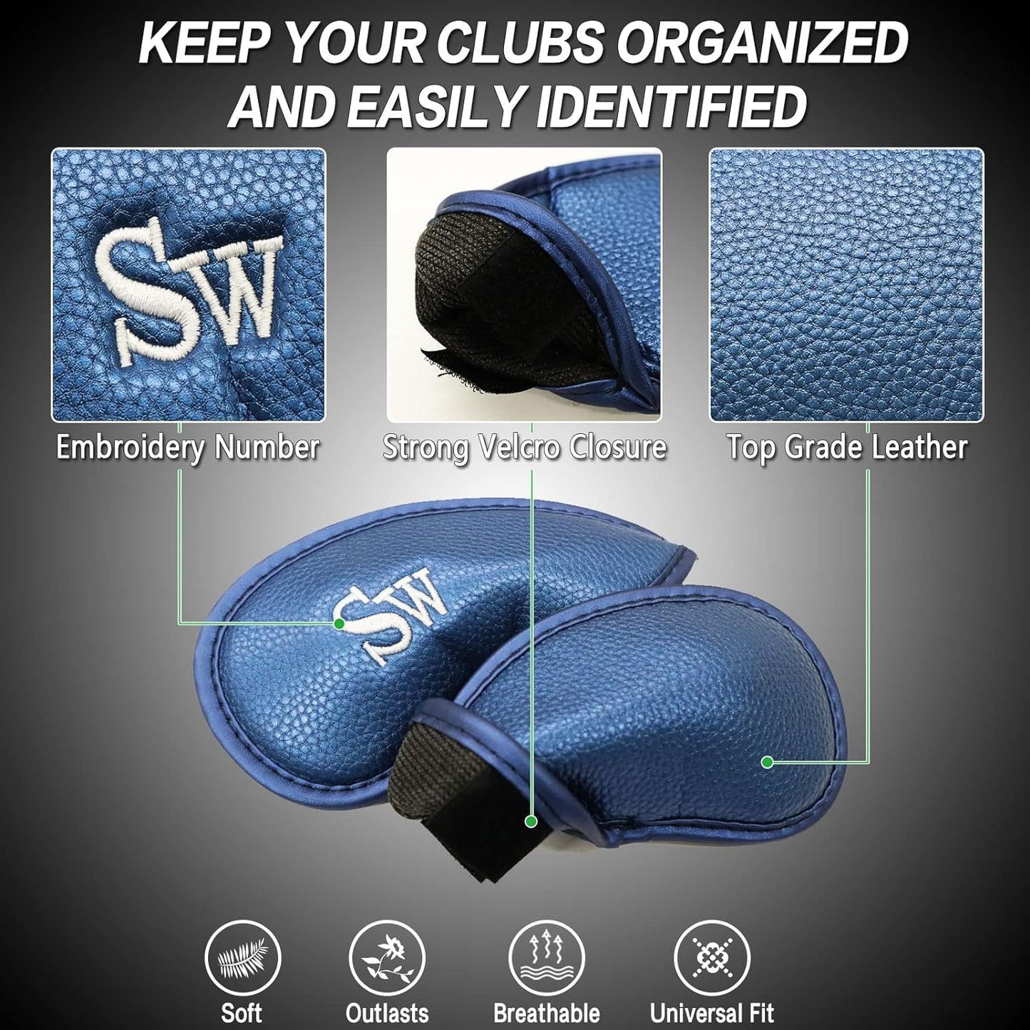 FINGER TEN Premium Synthetic Leather Stylish Iron & Wedge Golf Head Covers Value 12 Piece Set, Embroidered Labels & Fits Most Clubs Gift Set, Travel Protection Accessories