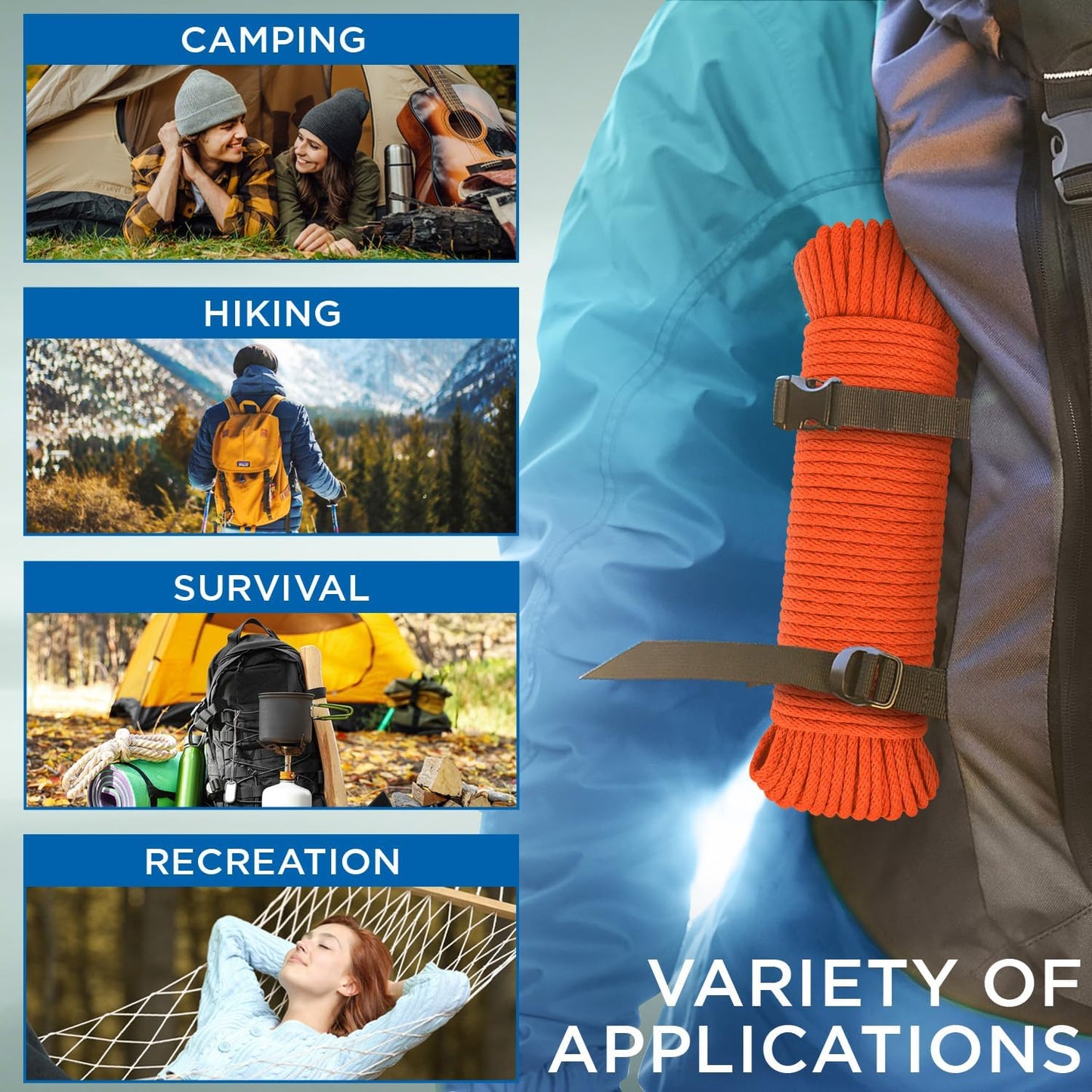 TECEUM Cotton Rope 3/16” (5 mm) – 50 FT – Strong All-Purpose Braided Rope – Natural Cotton – for Crafting, Сamping, Clothes Line, DIY, Indoor & Outdoor Use – Orange