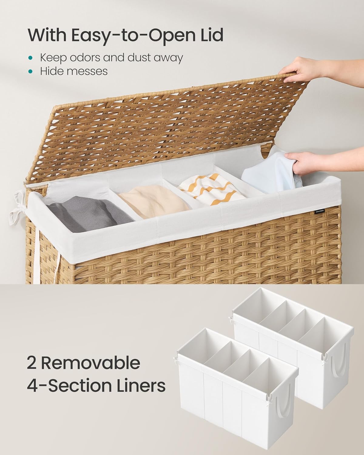 SONGMICS Laundry Hamper with Lid, 200 L Clothes Hamper with 2 Removable Liner Bags, 6 Mesh Bags, Wicker Laundry Basket, Double Laundry Hamper for Bathroom, 15.7 x 33.9 x 24 Inches, Natural ULCB452Y01