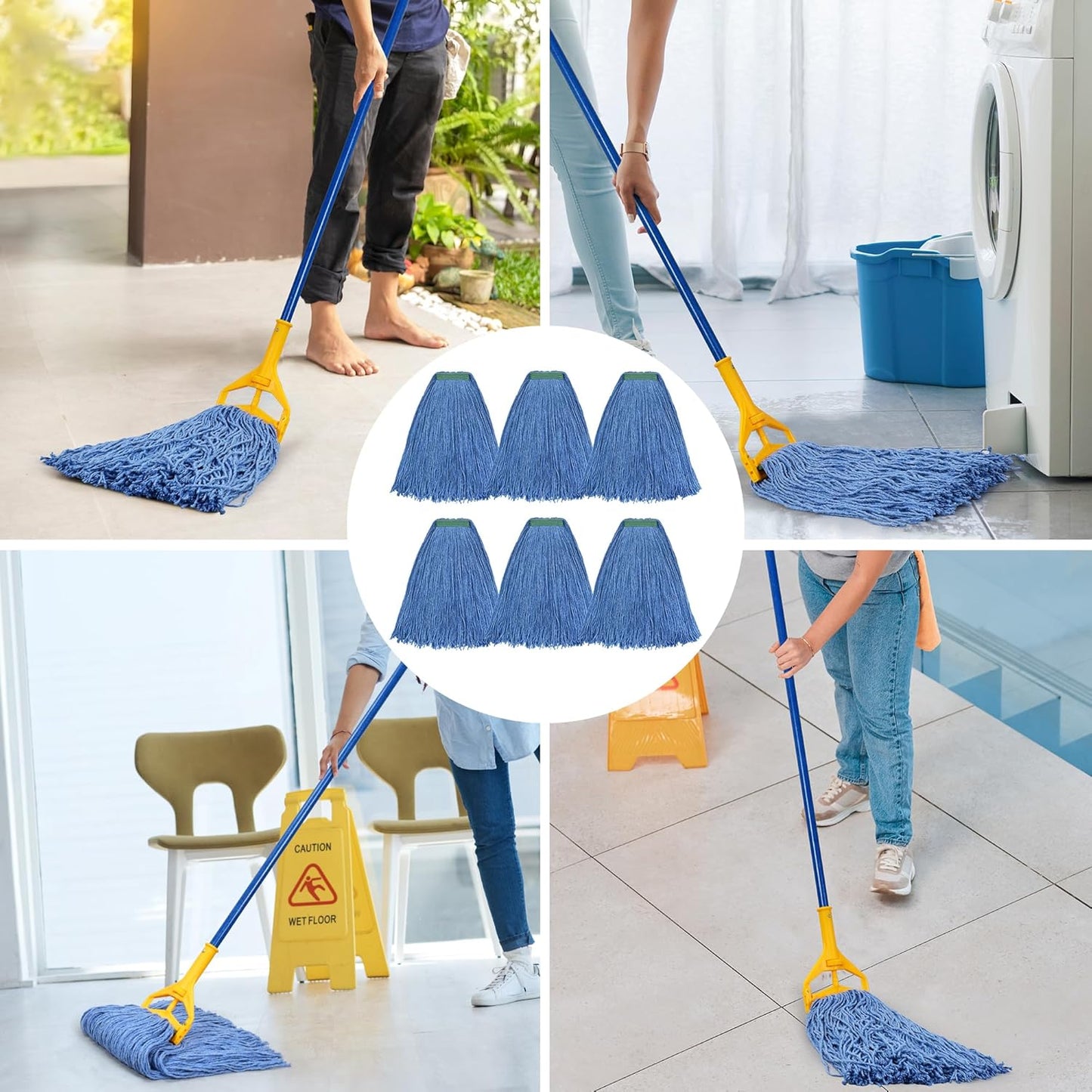 Matthew Cleaning 20oz 6Pack Cotton Floor Mop,Cotton Looped-Open String Heavy Duty String Refills, Universal Headband Blend,Mop Head Replacement for Home, Industrial and Commercial Use(Blue)