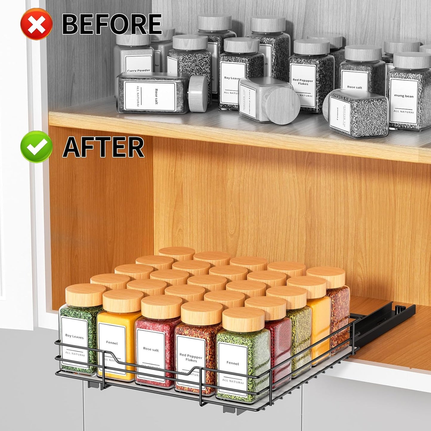 RCHYFEED Pull Out Spice Rack Organizer for Cabinet,Slide out Spice Organization for Inside Cabinets,Heavy Duty Seasoning Organizer Fits Kitchen and Pantry,Sauces,Canned (10.5''Wx10.5''Dx2.5''H)