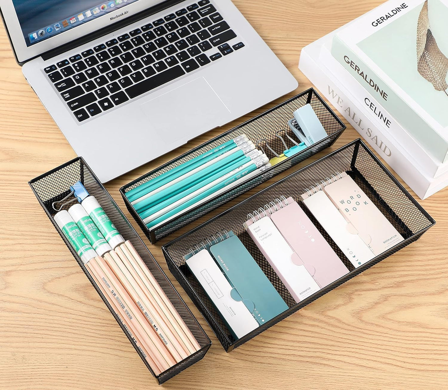 BYCY Silverware Drawer Organizer, Mesh Utensil Organizer for Kitchen Storage, Black Steel Metal Mesh Tray for Flatware Fork Spoon Knife… (12 * 3-5P-Black)