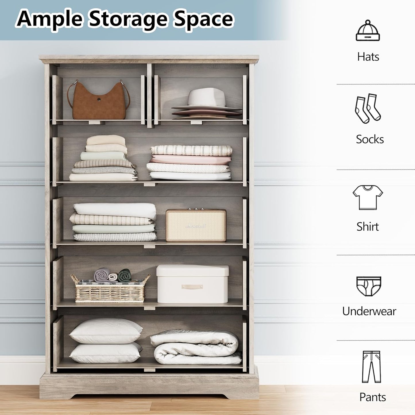 6 Drawer Dresser for Bedroom, 43" Tall Wooden Chest of Drawers, Rustic Farmhouse Dresser with Large Drawers & Metal Handles, Modern Storage Organizer for Closet, Living Room, Hallway, Grey