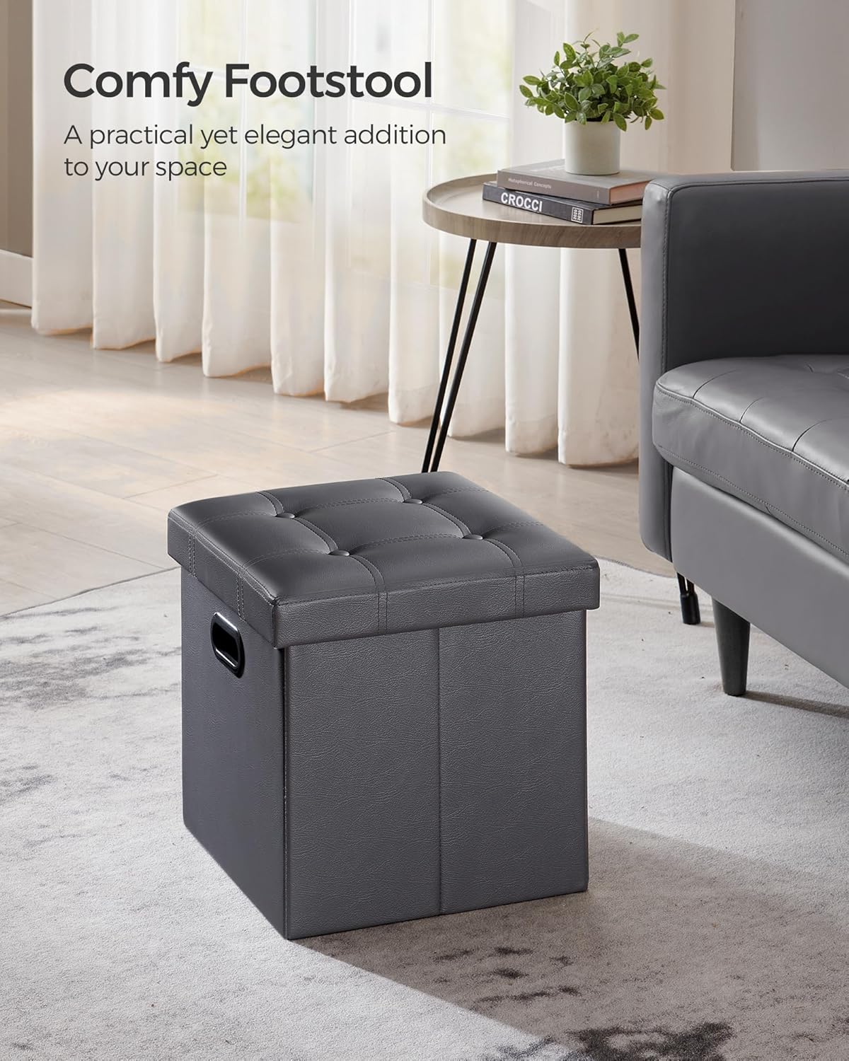 SONGMICS Mazie Collection - 15 Inches Ottoman with Storage, Footstool, Storage Ottoman with Metal Grommet Handles, Load 660 lb, for Dorm, Living Room, Bedroom, Synthetic Leather, Dark Gray ULSF030G01