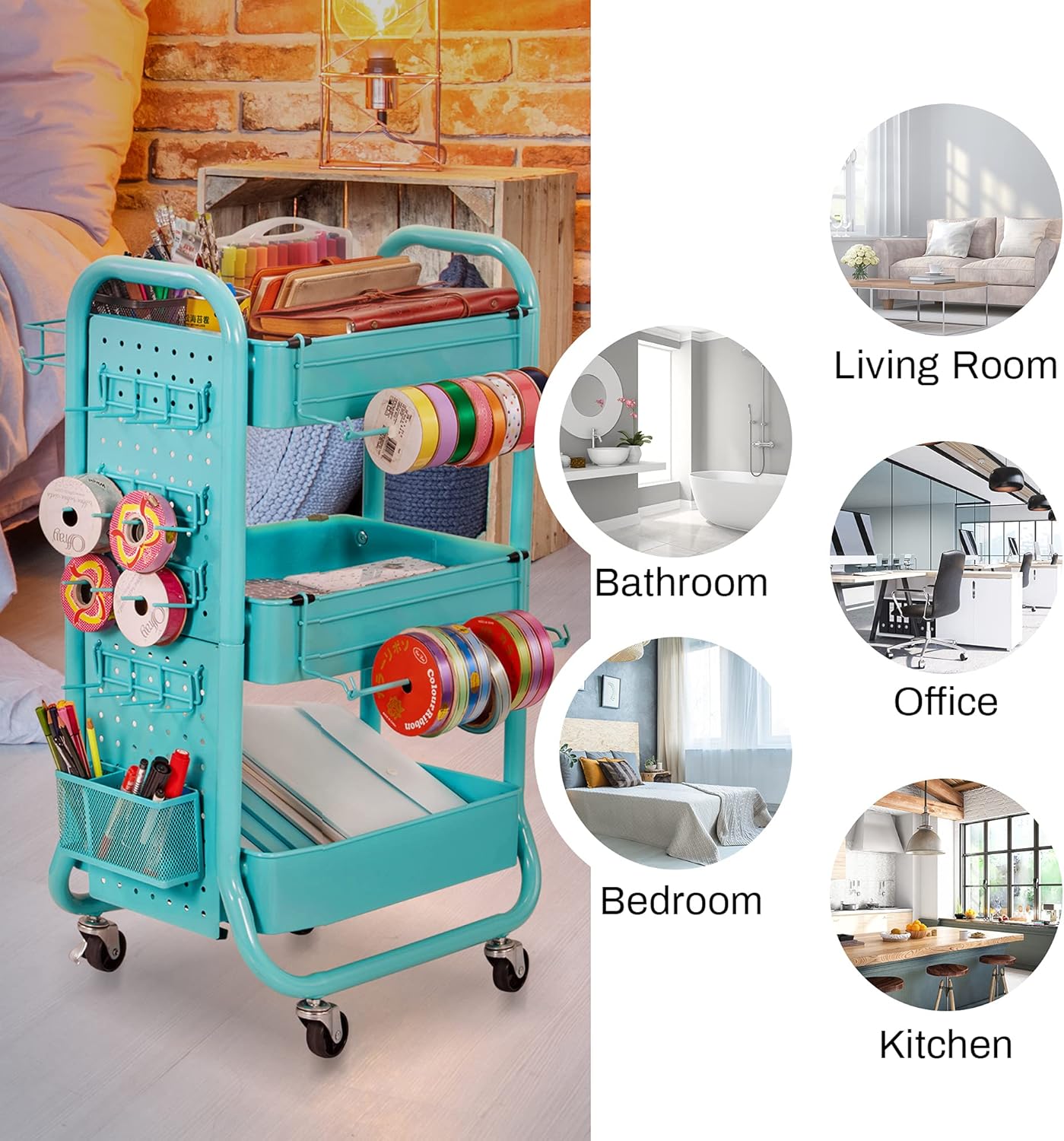 DESIGNA 3-Tier Utility Storage Rolling Cart with Removable Pegboard & Extra Storage Baskets Hooks, Metal Craft Art Carts for Gift Home Office, Teal