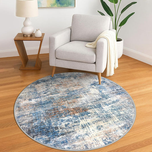 IOHOUZE Round Area Rug 5 Ft Circle Entryway Rugs Round Washable Door Mat Indoor Entrance, Non Slip Circle Front Door Rug, Printed Abstract Faux Wool Floor Carpet for Foyer Porch Sink, Blue Rust