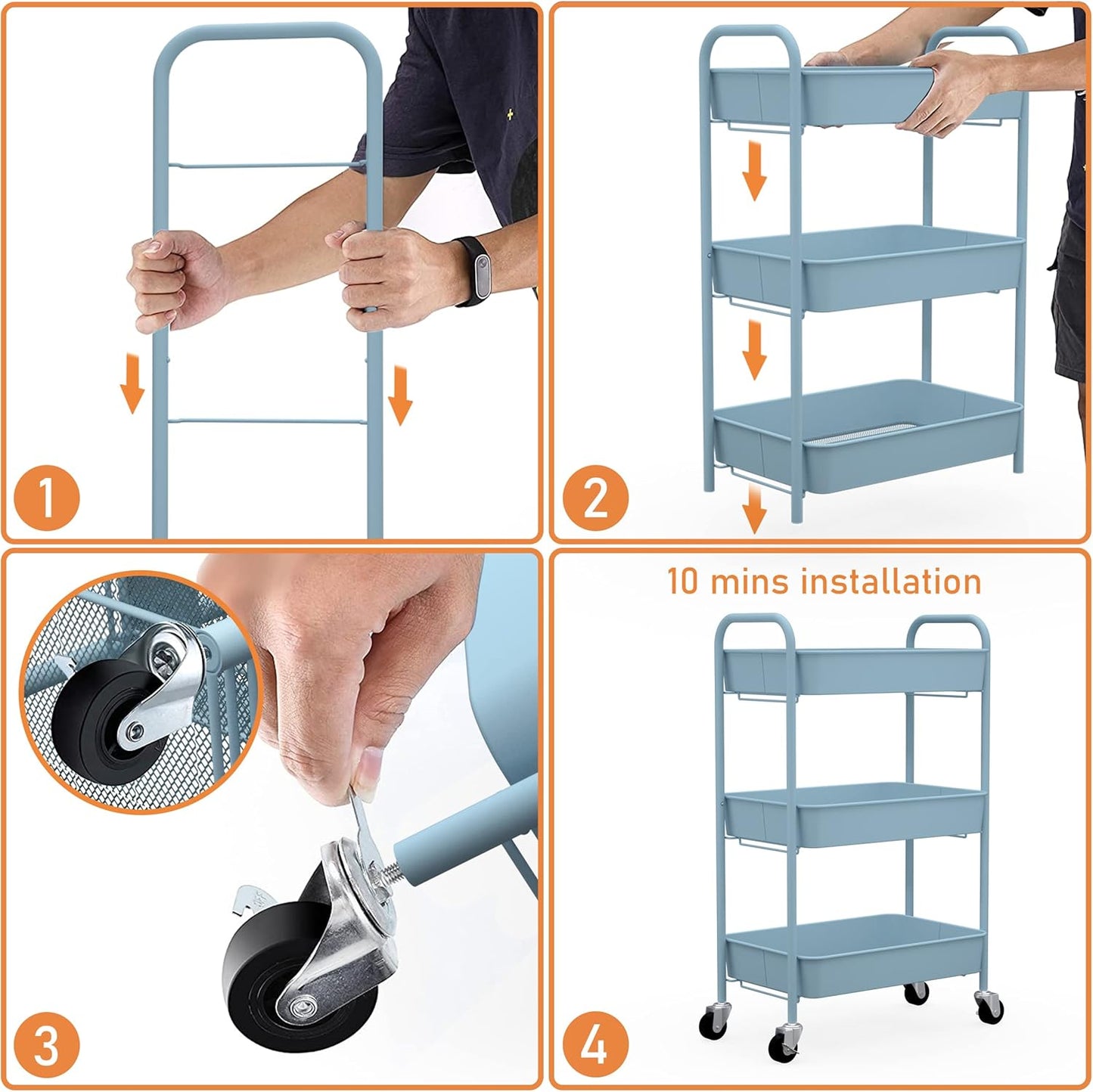 CAXXA 3-Tier Rolling Metal Storage Organizer - Mobile Utility Cart with Caster Wheels, Blue