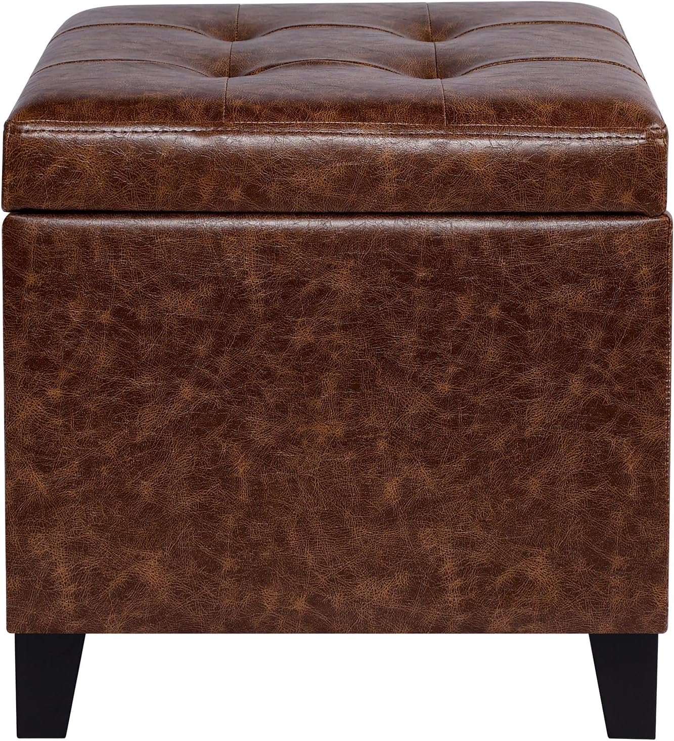 Adeco 18" Storage Ottoman Foot Rest Stool, Walnut Leather Ottoman with Black Solid Wood Legs and Hinged Lid, Small Foot Stool for Living Room, Bedroom