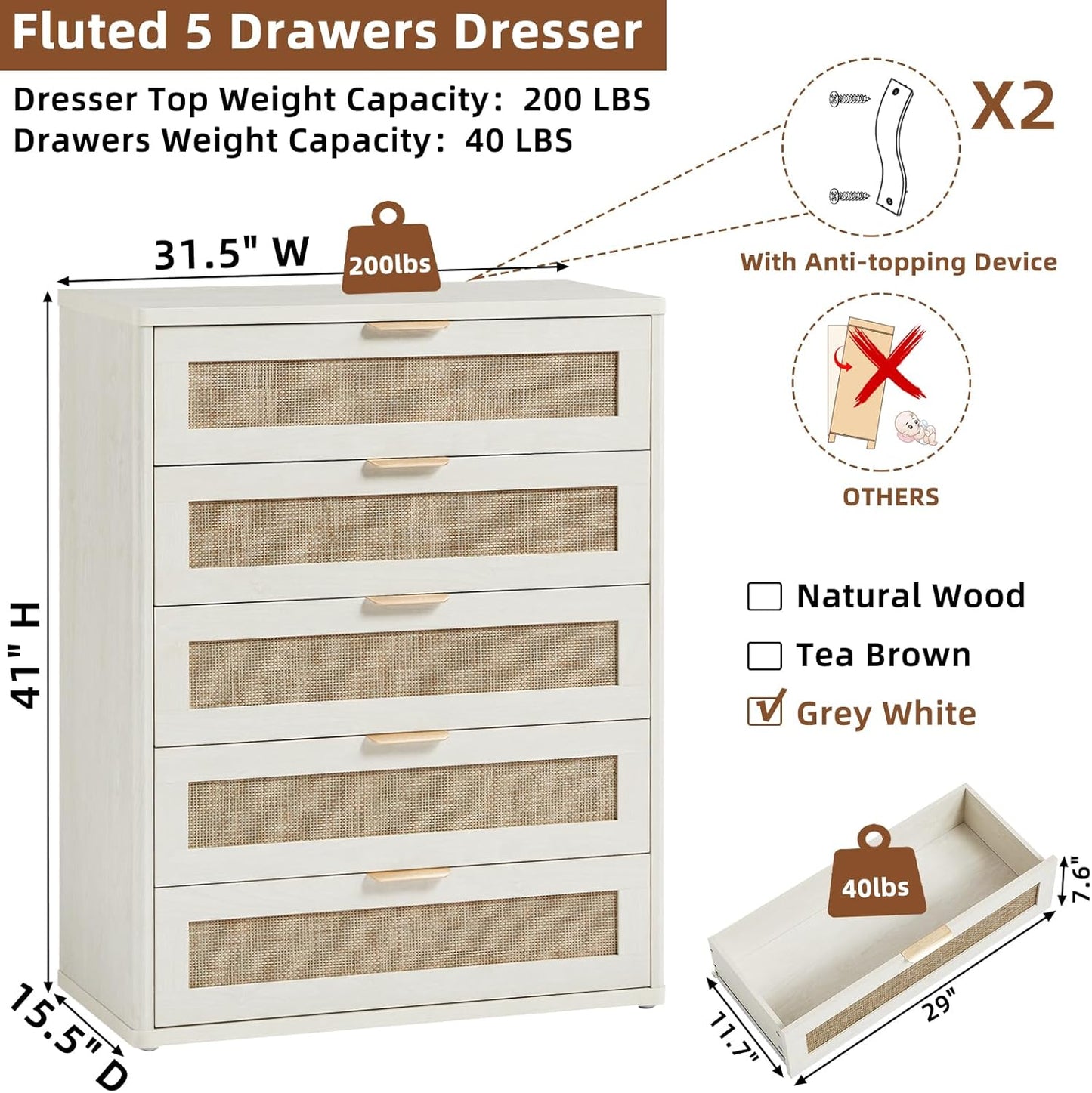 LEYAOYAO White Dresser for Bedroom, 41" Tall Chest of Drawers, Modern 5 Drawers Boho Rattan Dressers with Storage, Dresser Wooden Closet Organizer for Living Room, Hallway