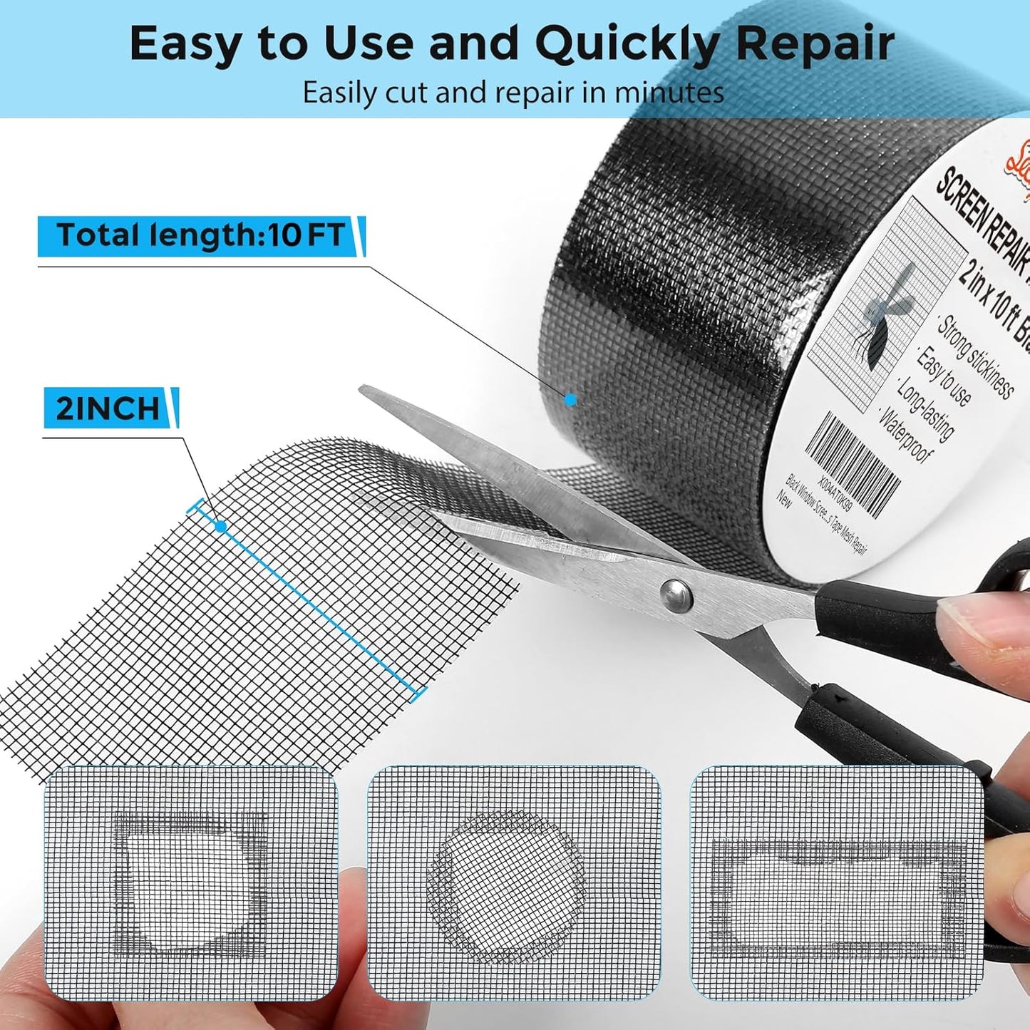 Black Window Screen Repair Tape, 2IN X 10FT Screen Repair Kit for Windows or Doors, Strong Adhesive Fiberglass Mesh Patch Tape