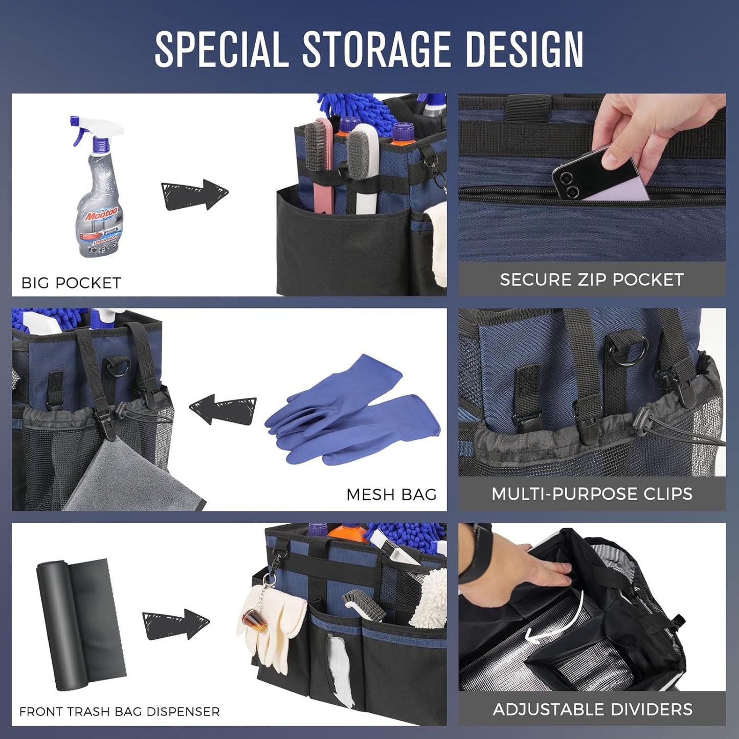 Wearable Cleaning Caddy, Cleaning Caddy Supplies Organizer with Handle & Shoulder Straps for Housekeepers, Under Sink & Car Cleaning Tool Organizers Bag with 4 Foldable Divider (NavyBlue)