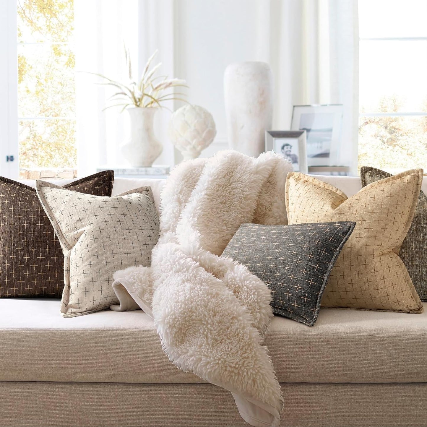 ZWJD 12x20 Pillow Covers Set of 2 Soft Polyester Textured Pillow Covers with Stylish Flange Edge Cozy Farmhouse Throw Pillows for Couch Bed Sofa Living Room