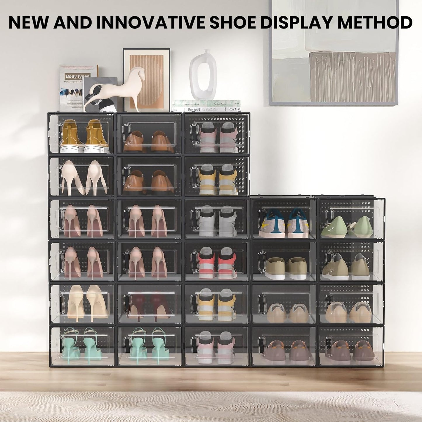 12 Pack XX-Large Modular Clear Plastic Stackable Shoe Storage Organizer for Closet, Space Saving Versatile Sneaker Shoe Rack Containers Bins Holders, Portable Closet Organizers and Storage, Black