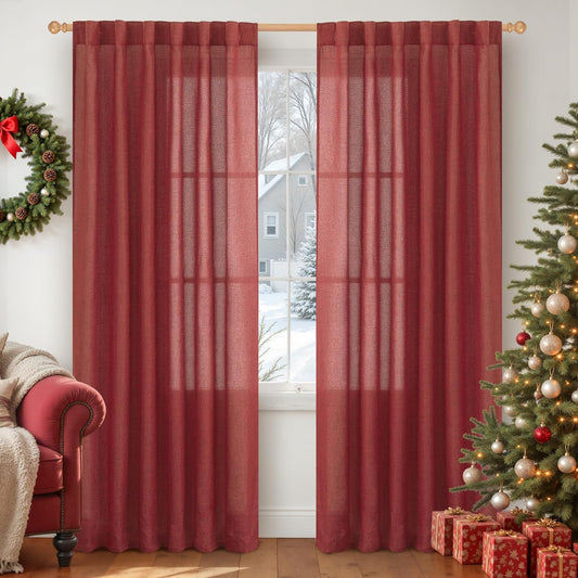 YoungsTex Red Linen Curtains 80 Inch Length for Living Room, Light Filtering Semi Sheer Drapes with Back Tab Rod Pocket for Christmas Bedroom Dining Room, 2 Panels, 52 X 80 Inch