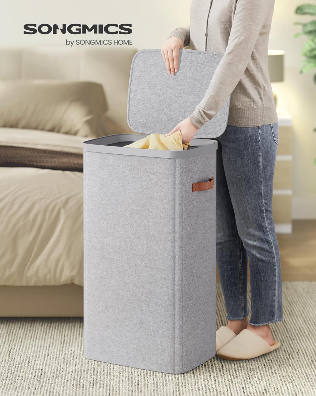 SONGMICS Laundry Basket, 26.4 Gal. Laundry Hamper, Easy Assembly, with Lid and Handles, Removable Liner, 16.5 x 12.6 x 29.5 Inches, Dove Gray ULCB811GD01