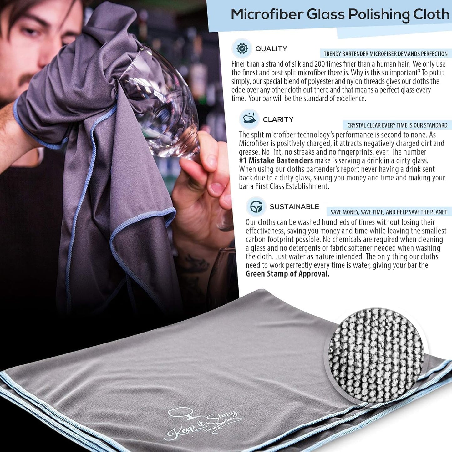 Trendy Bartender Toast to Perfection Microfiber Glass Polishing Lint-Free Cloth for Spotless Shine and a Residue-Free Finish - Pack of 5-25x20 inch - Grey