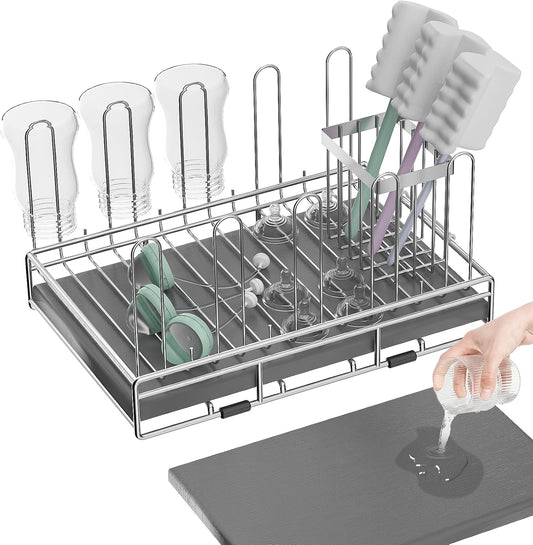 Baby Bottle Drying Rack Organizer Stainless Steel Large Countertop Glass Water Bottle Dryer Holder with Diatomite Stone Quick Dry Easy Clean and Brush Holder