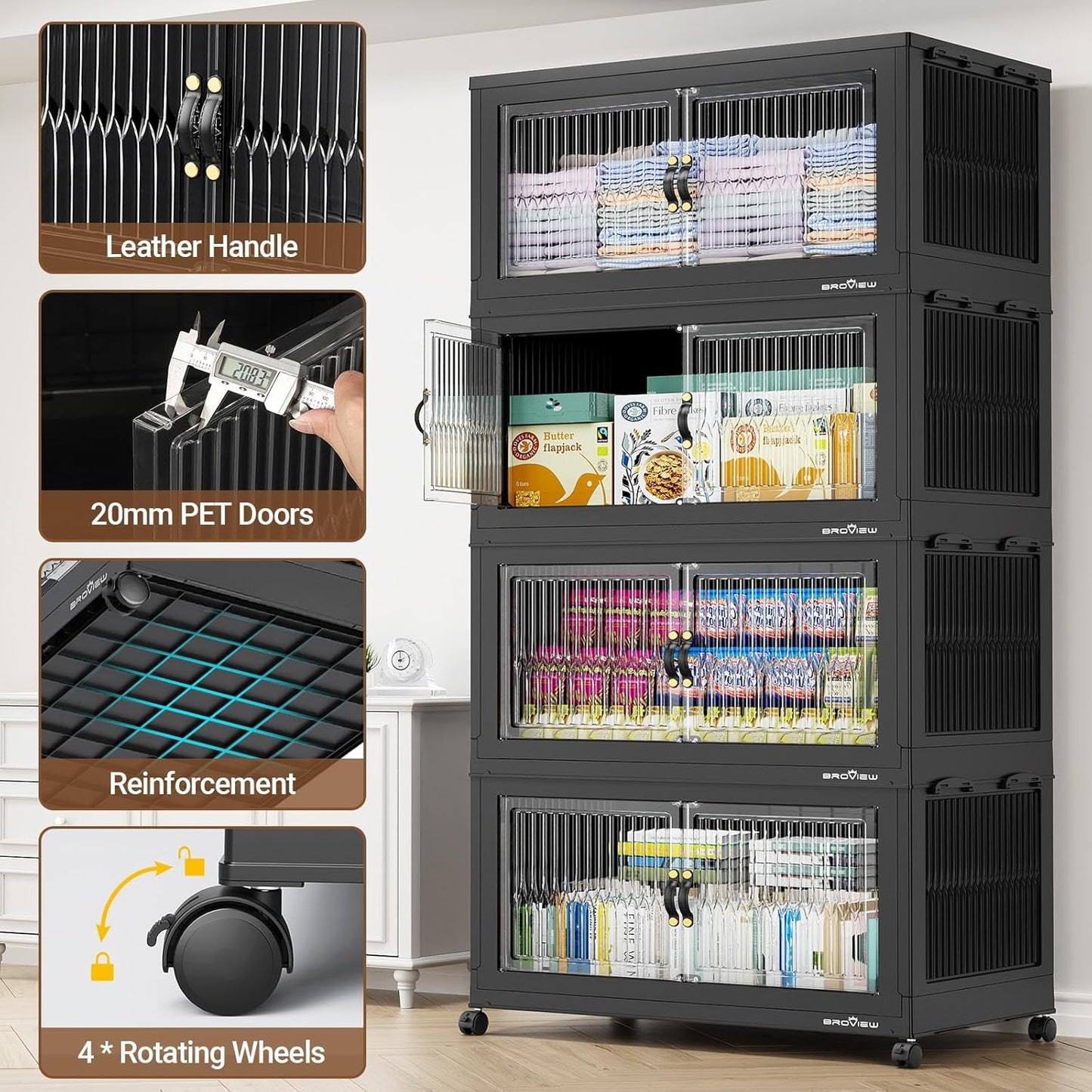 BROVIEW 800Qt Extra Large Stackable Storage Bins with Lid, Closet Organizer Collapsible Drawer Boxes with Wheels, Folding Plastic Cabinet Containers for Home Kitchen Room Organization, 4Pack Black