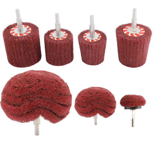HighFree 7 PCS Non Woven Abrasive Buffing Polishing Wheels Drill Attachment Set - Scouring Pads Wheel with 1/4" Shank for Stainless Steel Copper Aluminum Wood-Wares (320 Grit Red)