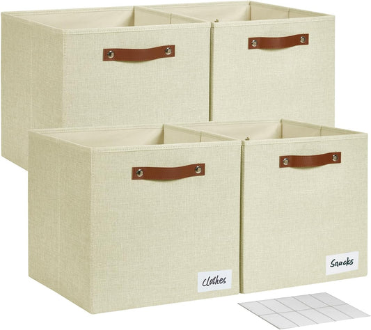 Collapsible Fabric Storage Cube Bins with 2 Reinforced PU Handles, Foldable Storage Organizer Baskets for Closet, Shelves, Living Room | 13"x13"x13", 4 Pack, Full Beige