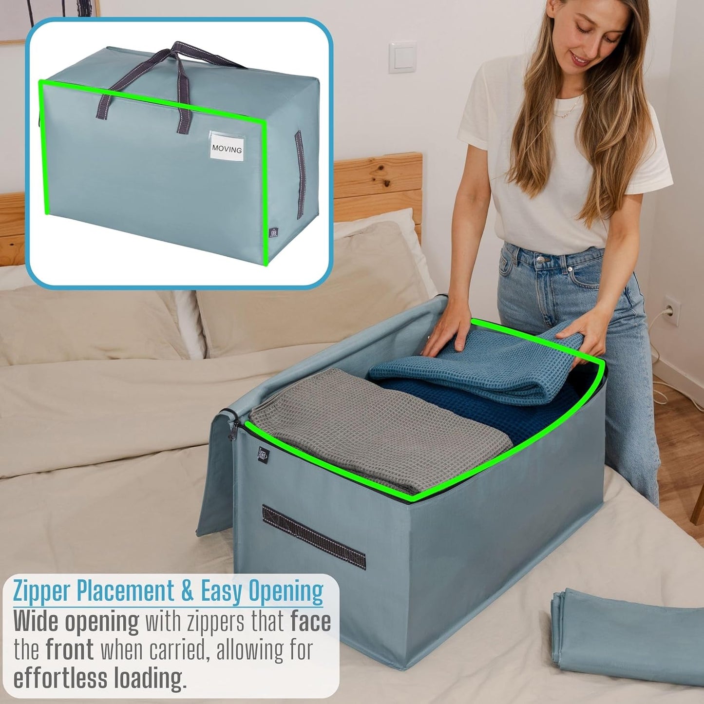 VENO 2 Pack Moving and Storage Bags, Heavy Duty, Alternative to Moving Boxes, Large Packing Totes Supplies for College Dorm Room with Zipper for Clothes, Wide Open Design (Light Blue Matte, 2 Pack)