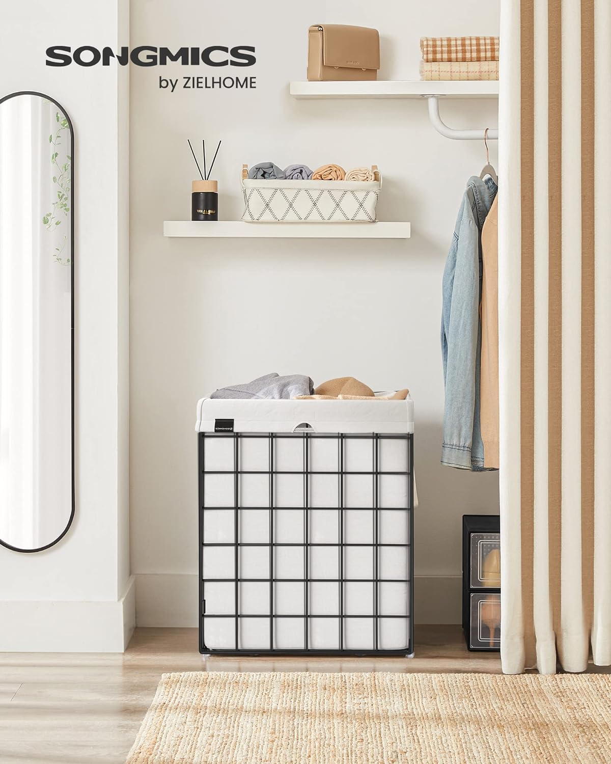 SONGMICS Laundry Hamper, 23.8 Gal. (90L) Laundry Basket, Collapsible Clothes Hamper, Black and White ULCB190W01