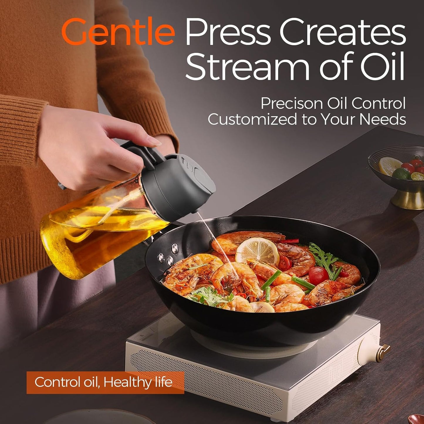 YARRAMATE 16oz/470ml Oil Sprayer for Cooking with Stickers, Food-grade Premium 2 in 1 Olive Oil Dispenser Bottle for Kitchen Gadgets, Air Fryer, Salad, Frying, BBQ (Gray)