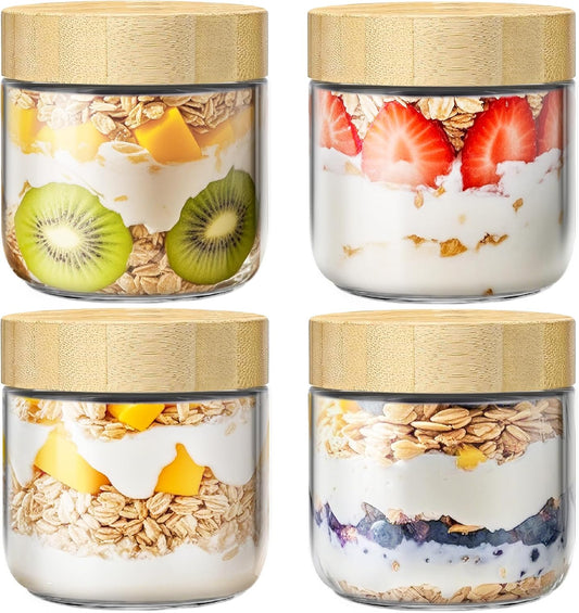 4 Pack 10oz Overnight Oats Containers with Bamboo Lids, Glass Jars with Airtight Lids for Meal Prep, Wide Mouth Mason Salad Jars, Glass Food Storage Container for Yogurt Chia Snacks Spice Sugar
