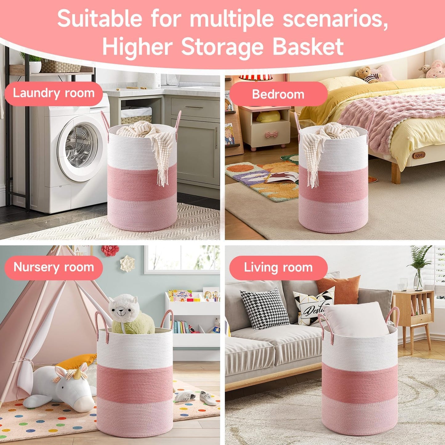 CLHMILY&Z 100L Laundry Basket Round Storage Rope Basket - 18.1x24 Inches - Pink Hamper in Bedreoom and Cute Storage Bin for Blankets, Toys, and Nursery Essentials