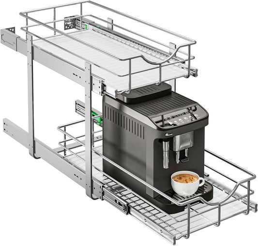 WelFurGeer 2-Tier Stainless Steel Pull Out Cabinet Organizer, Soft Close Damping Slides, Heavy Duty Chrome Plated Wire Basket with Shelf Liner, Perfect for Kitchen Cabinets, Pantry Storage, Under Sink