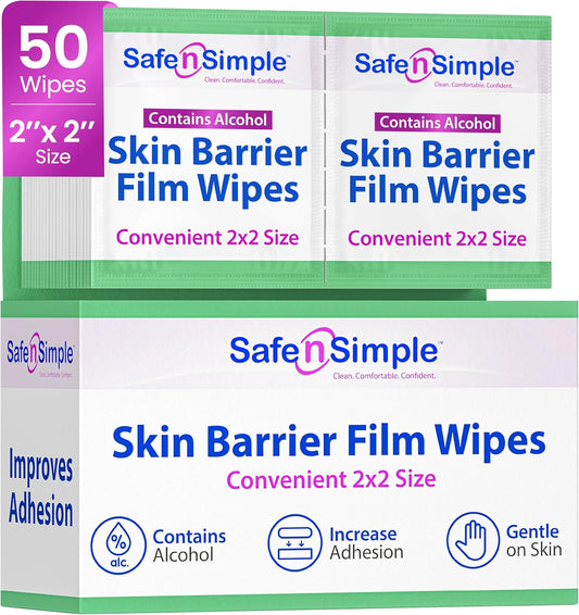 Safe n' Simple Skin Barrier Wipe with Alcohol - 50 Individually Packaged Wipes 2"x2" - Ostomy Sterile Skin Prep Pads - Skin Barrier Film Wipes for Ostomy - Alcohol Stoma Barrier Prep Pads