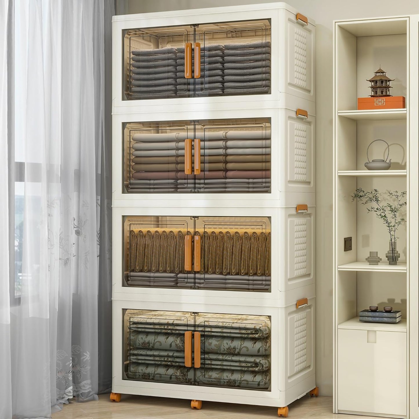 4 Tier Extra Large Stackable Storage Bins with 1 Lid 205 QT/Tier, Collapsible Plastic Box Storage Bin with Wheels, Home Containers Boxes Closet Organizers for Living Room, Office, Dorm